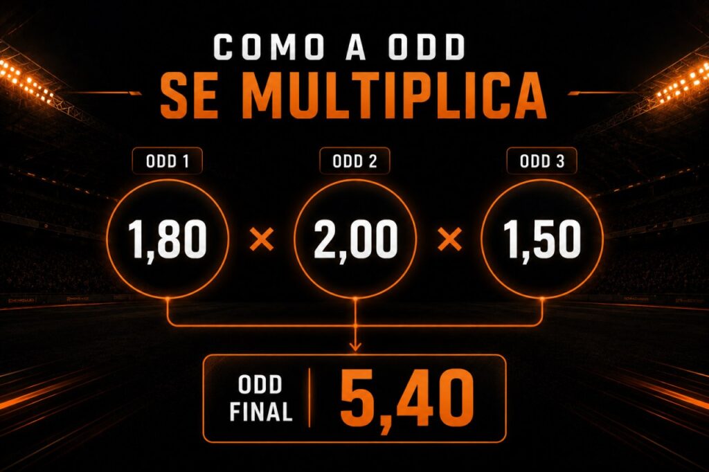 Como a odd da múltipla se multiplica: 1,80 × 2,00 × 1,50 = 5,40