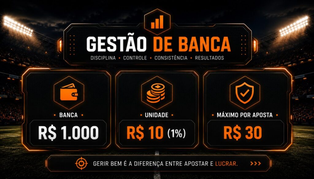 Gestão de banca: banca de R$ 1.000, unidade de R$ 10 (1%) e máximo de R$ 30 por aposta