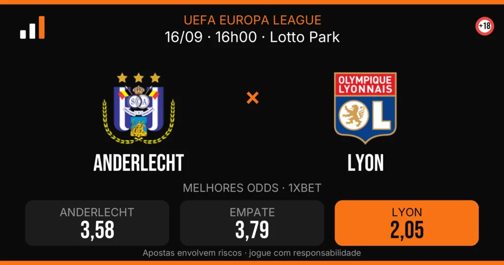 Anderlecht x Lyon — card do confronto com odds (OddsFutebol)