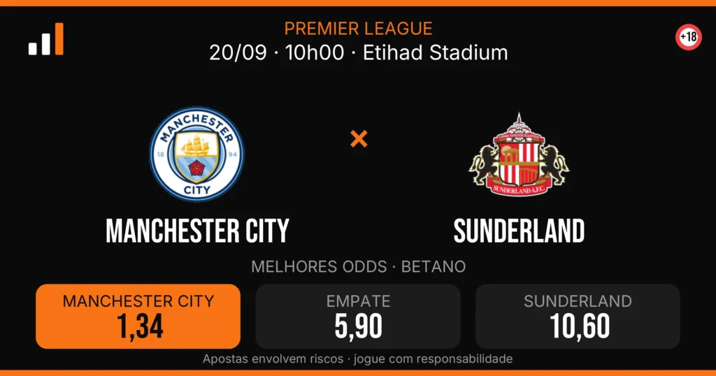 Manchester City x Sunderland — card do confronto com odds (OddsFutebol)