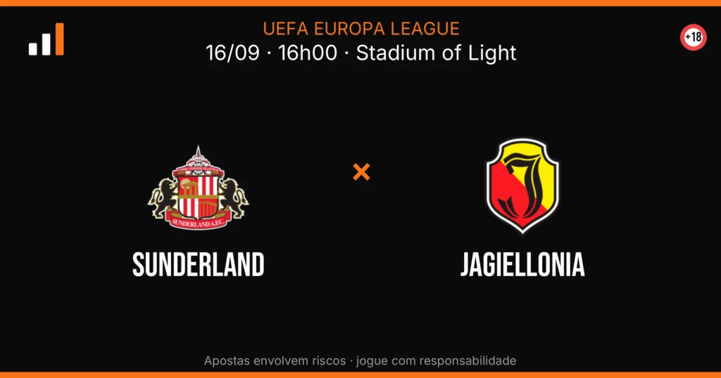 Sunderland x Jagiellonia — card do confronto com odds (OddsFutebol)